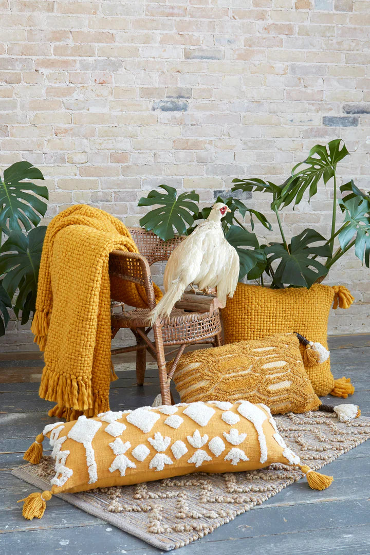 Patia Vie Tufted Cotton Diamond Pillow Cover with Tassels - French Marigold