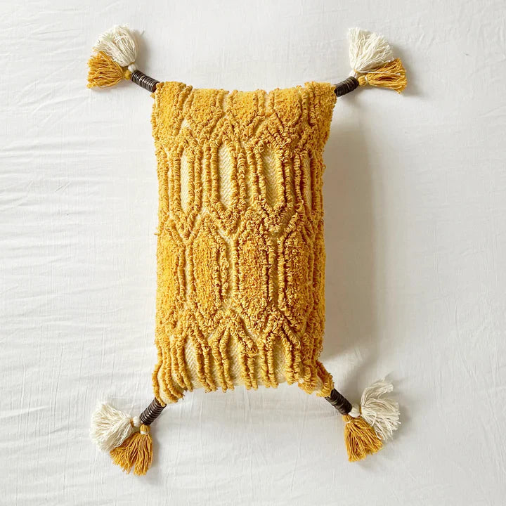 Patia Vie Tufted Cotton Diamond Pillow Cover with Tassels - French Marigold